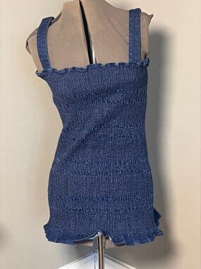 Urban Outfitters Blue Denim Smocked Ruffle Trim Straps Mini Dress Size 6